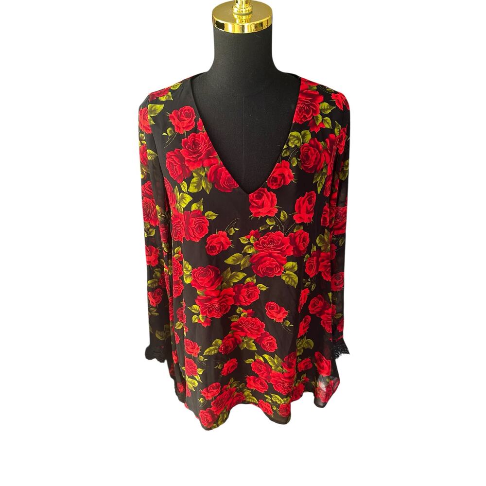Forever 21 Black & Red Rose Bell Sleeve Dress with Lace, Size Small